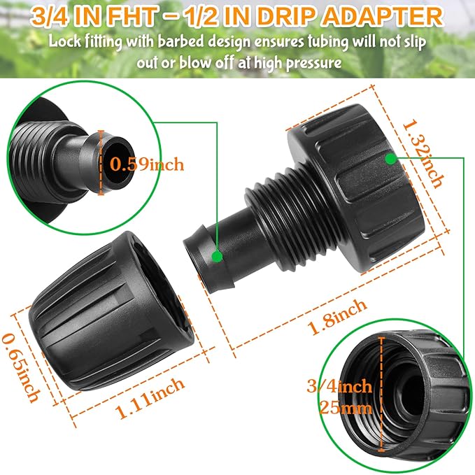 3/4 Inch Female Pipe Thread to 1/2 Inch Drip Irrigation Tubing Adapter: 6 Pieces 1/2 In. Barbed Drip Line x 3/4 In. Faucet PVC Adapter Connect 3/4" FHT Faucet, Sprinkler Manifold, Garden Hose