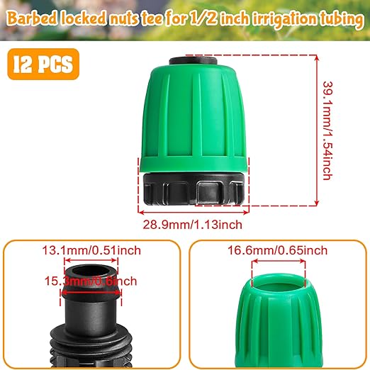 Drip Irrigation 1/2" End Cap Fittings：1/2 Inch Drip Line Lock Barbed End Plug Connectors for 1/2 Drip Irrigation Tubing (1/2" ID x 0.640" OD) Anti-Drop Drip Irrigation Parts (12 Pieces)