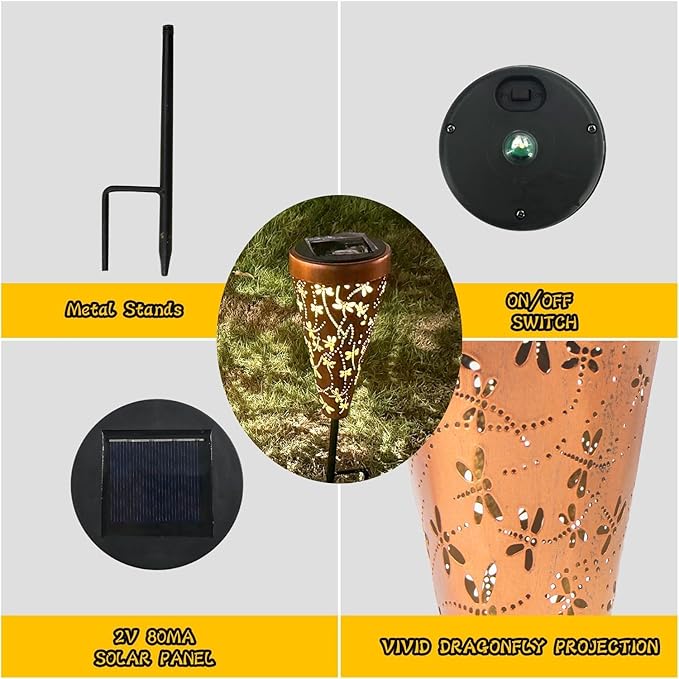 DIBIEECN 6 Pack Dragonfly Solar Pathway Lights Outdoor,Metal Garden Decorations Outdoor Lights with Patterns and Warm Light,Waterproof Landscape Lighting for Path Patio Backyard Walkway Yard