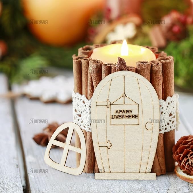 AUEAR, 48 Pack Fairy Door Miniature Wooden Garden Doors Windows Unfinished Window Accessories Unpainted Mini House DIY Craft for Wall Home Party Decoration (Style B)