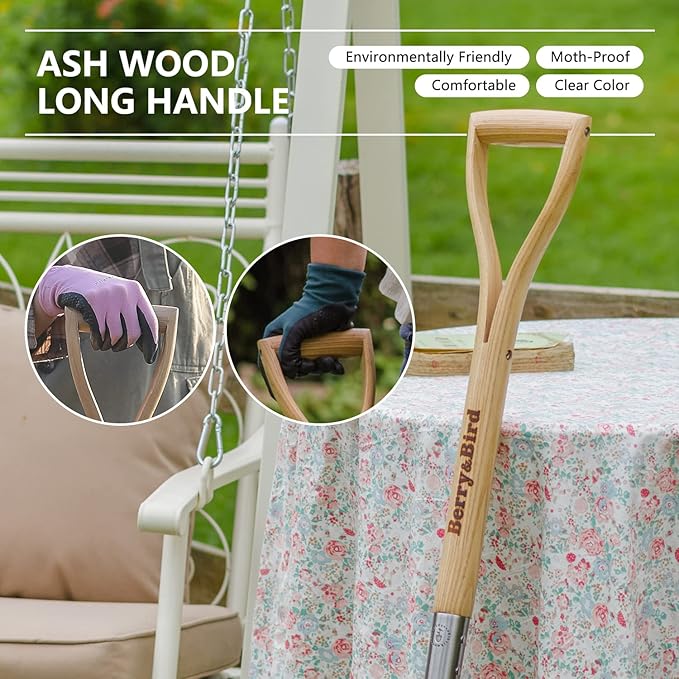 Berry&Bird Trenching Shovel, Garden Drain Spade Shovel with Wood Handle, 42.5" Stainless Steel Gardening Planting Spade, Heavy Duty Root Cutter Shovel Trench Shovel for Digging Transplanting & Edging