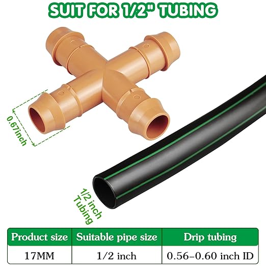 12-Pack Drip Irrigation Barbed Cross Connectors, 1/2 Inch Drip Line 4 Way Couplings for 1/2" Drip Irrigation Tubing, Barbed 4-Way Connectors for Drip Irrigation Watering System