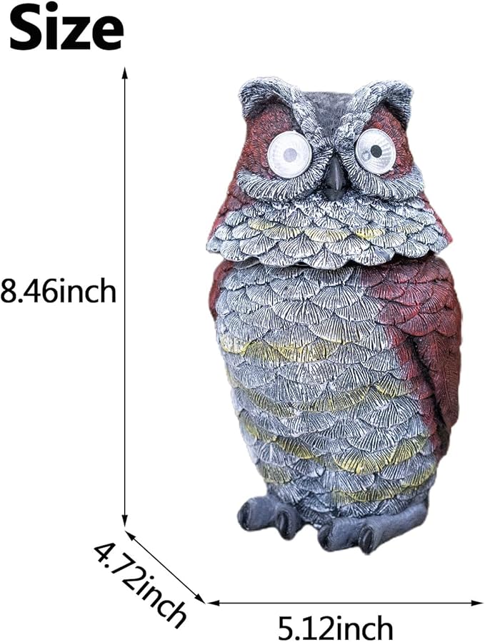 Garden Owl Statue - Resin Owl Figurines with Solar Powered Light Eyes and Spring Head Outdoor Owl Decorations for Patio Yard Porch Lawn, Ornament Gift