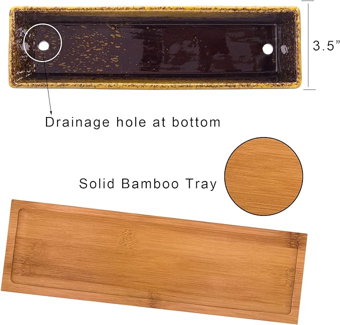 ARTKETTY Succulent Pots - 12.1 Inch Large Succulent Planters Pots with Drainage Tray, Long Rectangle Ceramic Pots for Indoor Cactus/Succulent Plants Shallow Bonsai Window Box for Home Garden Decor