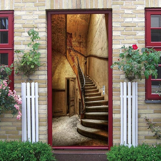 3D Door Wallpaper Self-Adhesive Door Sticker - Old Stairs - Door Film Poster Premium PVC Waterproof Wall Sticker for Bedroom Living Room Door Decoration Wallpaper 80 x 200 cm