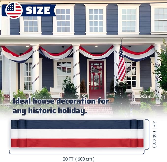 2Pack Patriotic Bunting US Flag Decorations 4th of July Decor 2x20 Ft Large Red, White & Blue Banner Veterans Day Memorial Days Celebration Outdoor Porch Garden