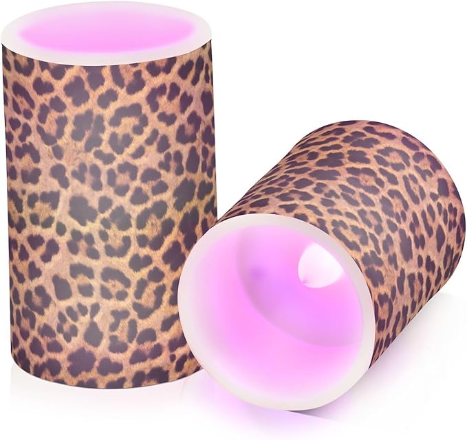 Flickering Flameless Candles, Leopard Texture LED Candles with Remote Timer, Set of 2 Battery Operated Candle for Valentine Wedding Birthday
