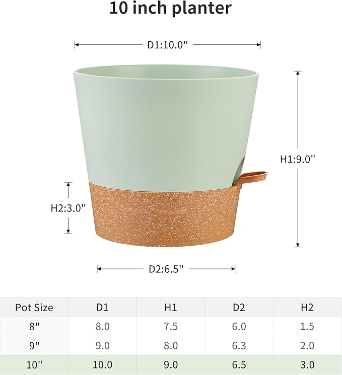 FaithLand 2-Pack 10 Inch Planter Pots for Indoor Outdoor Plants, Self Watering Flower Pots with Deep Reservoir, Green with Terracotta …