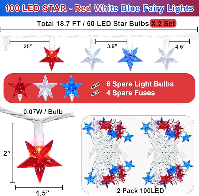 100 LED Red White and Blue Star Lights, 37FT 4th of July Star String Lights Plug in for Home Patio Garden Yard Memorial Day Independence Day Patriotic Decorations Outdoor, White Wire