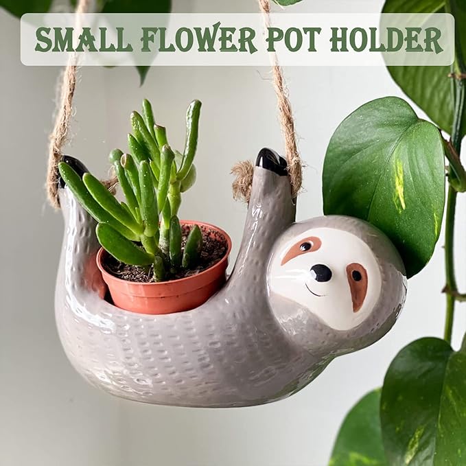 Sloth Hanging Planters for Indoor Outdoor Plants Cute Succulent Cactus Pots Ceramic Flower Pot Holder Gardening Gifts for Women Plant Lovers Gardeners Mom