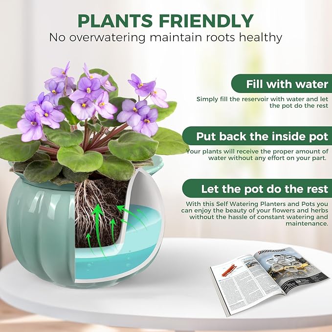 African Violet Pots, 6 inch Pumpkin-Style Ceramic Easy Self Watering Plant Pot for Busy Plant Lovers, Automatically Absorb Appropriate Amount of Water, Flower Pot Indoor-Plants Not Included
