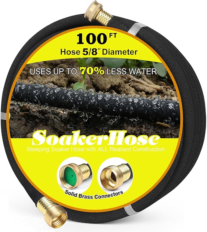 Soaker Hose 100FT 5/8" Diameter for Garden Beds Solid Brass Interface Irrigation Save 70% Water Heavy Duty Rubber Great for gardens/flower beds