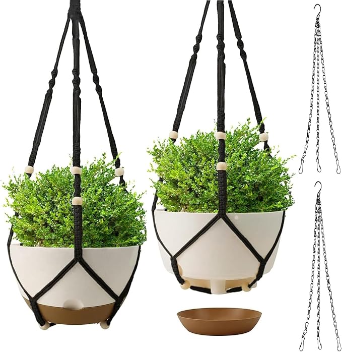 Hanging Planters for Indoor Plants (10 Inch, 2 Pack) Hanging Flower Pots Self Watering, Hanging Planter with Drainage Hole & 2 Kinds of Plant Hangers, Garden Home Decor (Black)