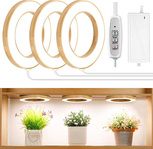 LORDEM 6.3" Bamboo Ceiling Grow Lamp for Indoor Plants, 216 LEDs Full Spectrum Halo Plant Light, Under Cabinet Grow Lights with 4/8/12H Auto Timer Switch Modes, 4 Dimmable Brightness Levels, Tri Head