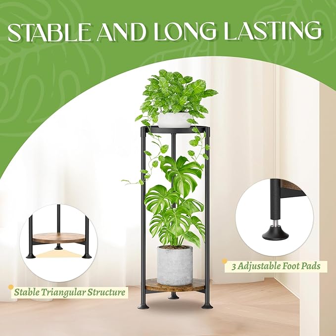 iDavosic.ly 2 Tier Corner Plant Stand Indoor, 30 Inch Tall Vertical Metal Flower Heavy Duty Pot Holder Shelf Outdoor for Patio Porch Living Room, Modern Black & Rustic Brown - Round