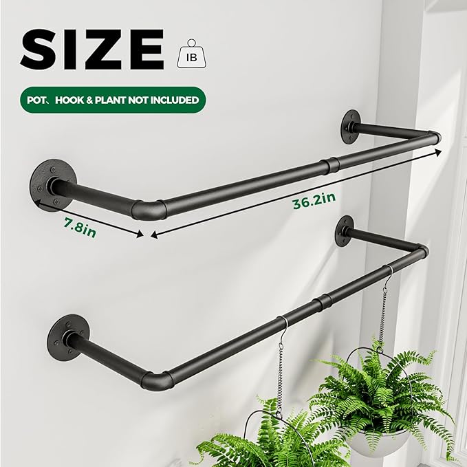 Bamworld Hanging Planters 2PCS for Indoor Plants Hanging Plant Holder Plant Hanger Indoor Ceiling Window Plant Shelves Wall Mount Black Metal Rod(Pot&Plant Not Included)