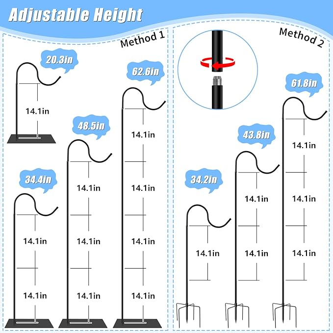 2 in 1 Hummingbird Feeder Stand, Adjustable 20-63 Inch Shepherds Hook for Outdoor Indoor, Wind Chime Stand Bird Feeder Pole with Base, 4 Prongs Base, Water Weight Bag(Wind Chime Not Include)