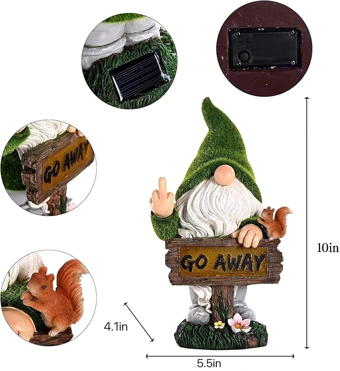 ASAWASA Gnomes Decorations for Yard with Solar LED Light,Large Outdoor Funny Garden Lawn Gnome Decor(Tall 10 Inches)