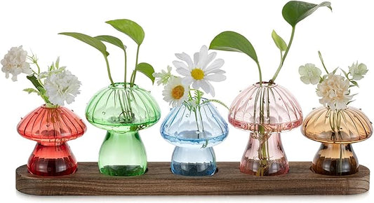 Glasseam Mushroom Plant Propagation Stations: Glass Plant Terrarium Jar with Wood Stand Unique Hydroponic Planters for Indoor Plants Cute Propagation Vase for Plant Lovers Home Office Decor 5Pcs