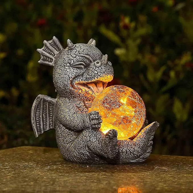 Solar Dragon Outdoor Statue Cute Baby Dragon Holding Glowing Glass Orb Resin Garden Decoration for Porch Patio Lawn Yard Perfect Housewarming Gift