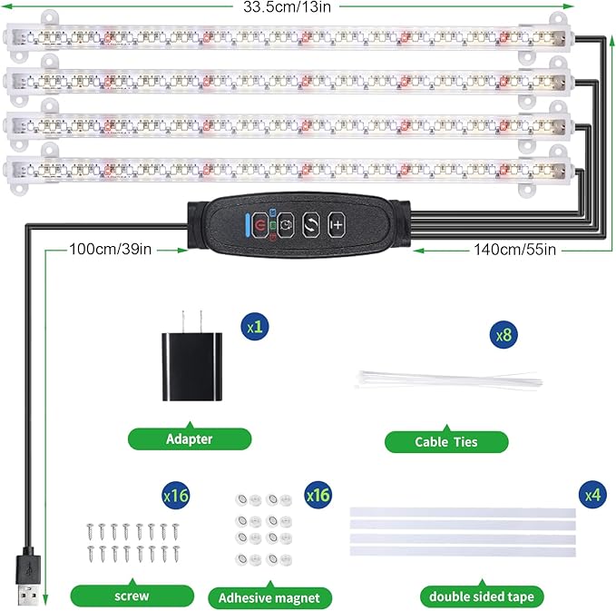 Four Strip Growing Lamp for Indoor Plants, Red & 3000K & 6000K Full Spectrum LED Grow Light Strips with Auto ON/Off 3/9/12H Timer,10 Dimmable Levels for Green House Succulent (13 in)