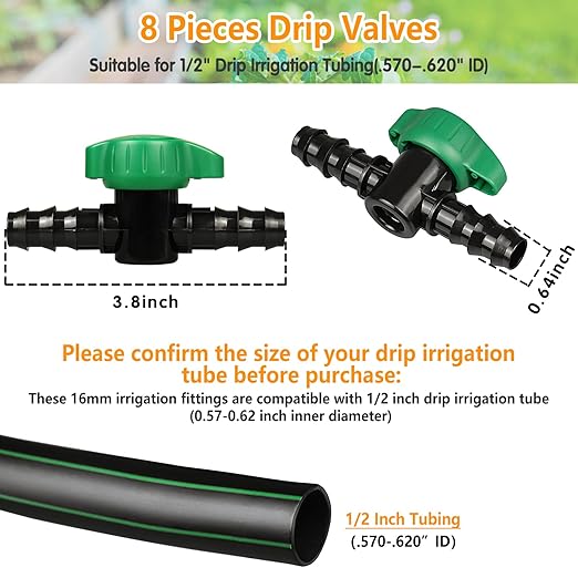 1/2 Inch Drip Irrigation Barbed Valve, 8 Pack 1/2" Drip Barbed Shut Off Valves for 1/2 in. Drip Irrigation Tubing (.570-. 620" ID), 1/2" in-Line Cut Off Switch Valves for Drip Sprinkler System