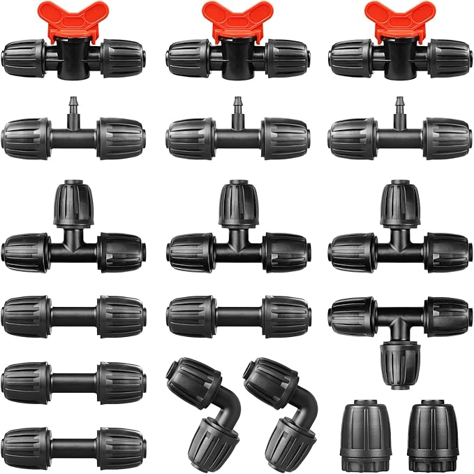 Drip Irrigation Fittings Kit for 1/2 Inch Tubing：1/2'' Drip Line Anti-Drop Barbed Locked Nut Connectors 18 Pieces Set Include 4 Couplings 4 Tees 2 Elbows 3 Valves 3 Reducing Tee 2 Plugs