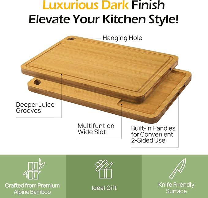 4-Pcs Natural Wood Cutting Board Set Kitchen Tools with Juice Groove, Wooden Chopping Board for Meat, Fruit, Vegetables & Cheese (Pre Oiled, Natural)