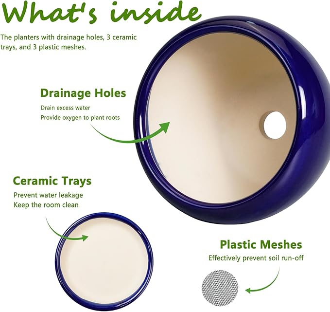 Flower Pots for Indoor Plants- Ceramic Pots for Plants 10 Inch 8 Inch 6 Inch Plant Pots with Drainage Holes and Saucers Decorative Large Planters for Outdoor Plants Set of 3 Blue