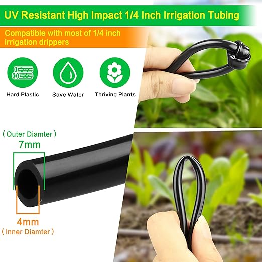 Gardrip 100 Feet 1/4 Inch Drip Irrigation Tubing Kit with 25 Pcs Drip Irrigation Parts: 100 FT Drip Line Distribution Hose with 10 Couplings 10 Tees 5 Plugs for Garden Irrigation Systems
