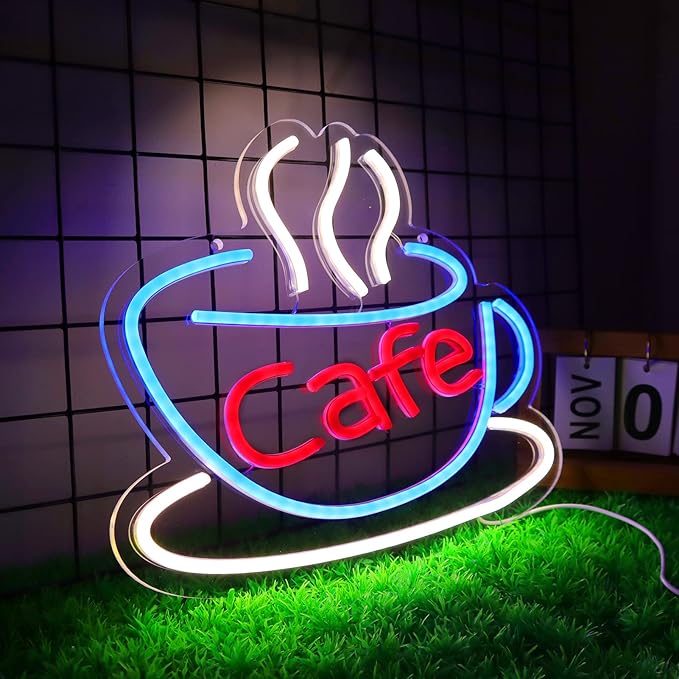 Cafe Neon Sign for Coffee Bar Pub Decor,Blue Wall Art Decoration For Restaurant Living room,Led Light of Cafe,USB Power Supply With Metal Chain.
