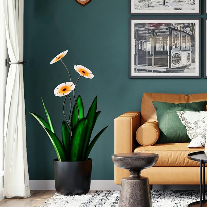 Upgraded Large Metal Yard Art, Metal Agave Plant Yard Decorations Outdoor Sculpture, Metal Flowers for Outside, Waterproof Outdoor Garden Decor (Green + White Flower)