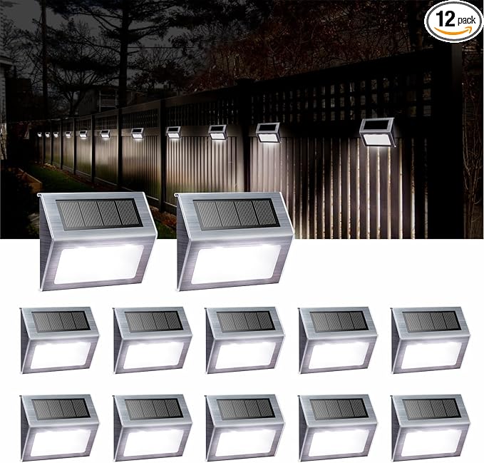 XLUX Solar Powered Lights for Deck Steps Stairs Fences Pathway Path, LED lamp, Outdoor Waterproof, White Light 12 Pack