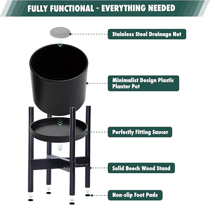 D'vine Dev Planter Pot with Stand - 12 Inch Plastic Cylinder Flower Pot with Wood Planter Holder for Indoor, Matte Black Pot + Ebony Stand, 55-C-Q-2