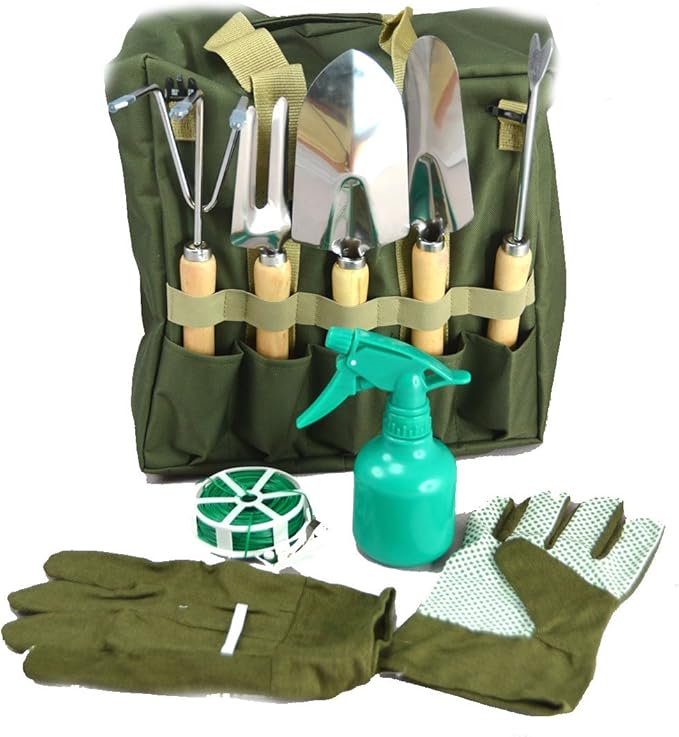 10-Piece Gardening Tool Set with Zippered Detachable Tote and Folding Stool Seat with Backrest