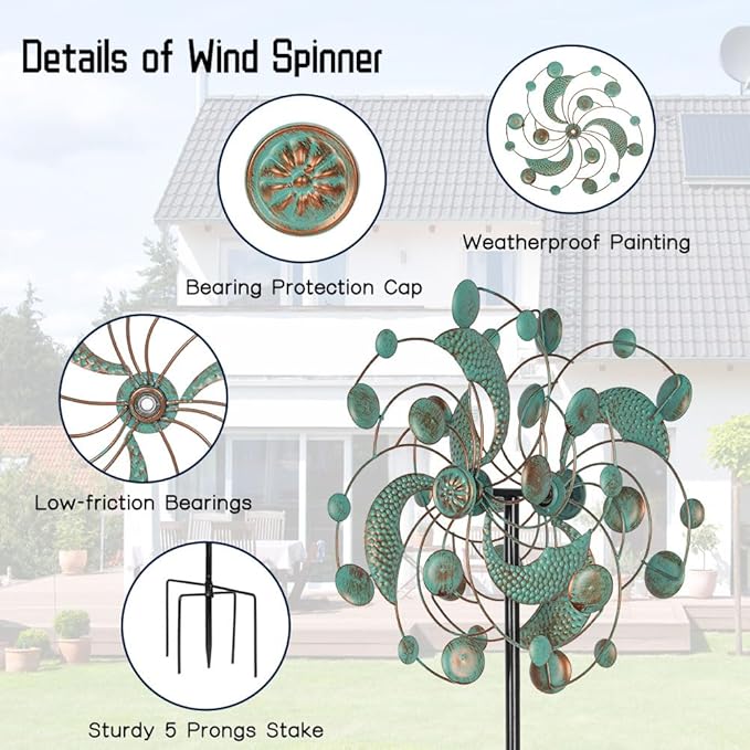 DREAMYSOUL Wind Spinner, Kinetic Wind Spinners Outdoor Metal, Garden Spinner for Yard Outside Patio Lawn Decor (Green & Cooper)
