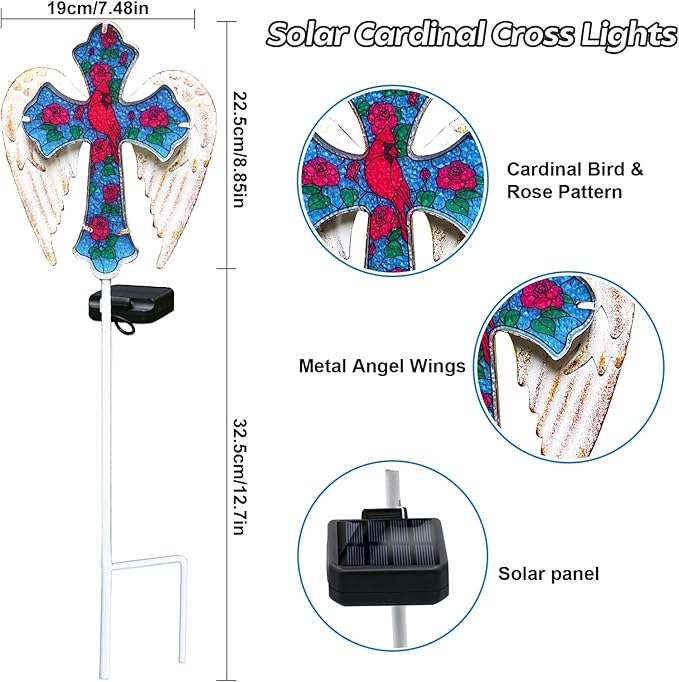 Solar Cross Garden Lights, Solar Cardinal Stake Lights Cemetery Decorations for Grave, Jesus Cross Sympathy Memorial Gifts for Mother Grandma, Glass Garden Art for Yard Lawn Patio Decor