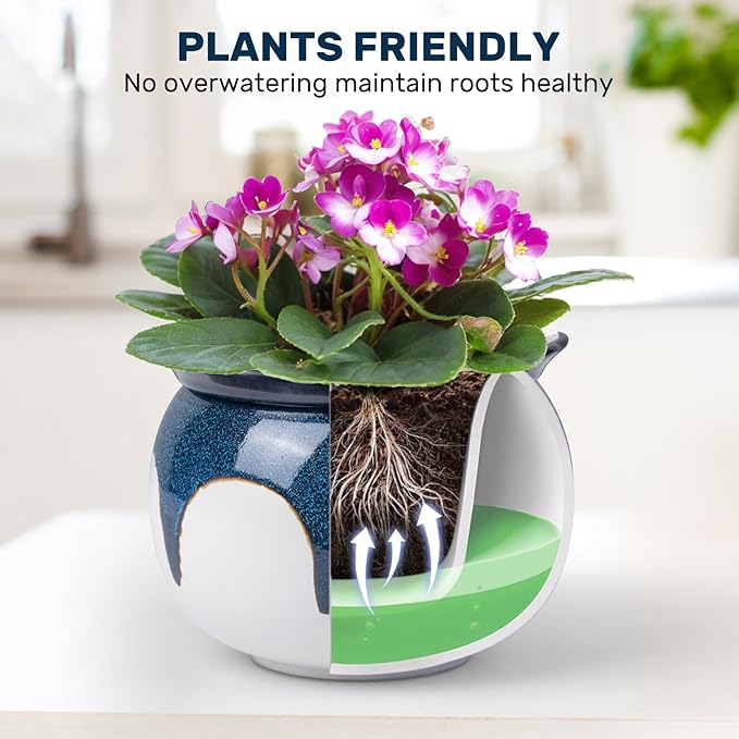 African Violet Pots, 6 Inch Self Watering Pots for Indoor Plants,Easy Plant Self Watering Planter, Ceramic Plant Pot with Absorbent Inner Pot for Flowers - Gradient Blue