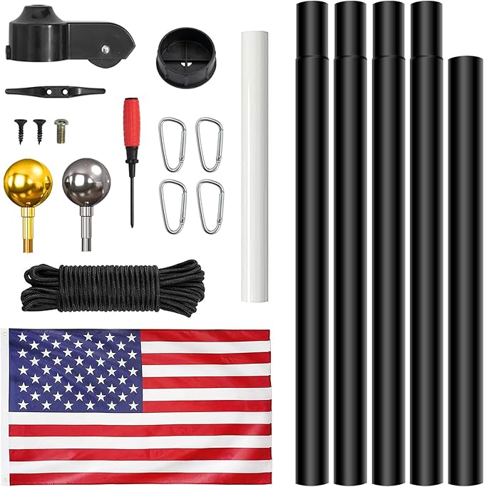 20FT Sectional Super Thick Flag Pole Kit, Heavy Duty 13 Gauge Aluminum in Ground Flagpole with 3x5 American Flag for Residential or Commercial, Black