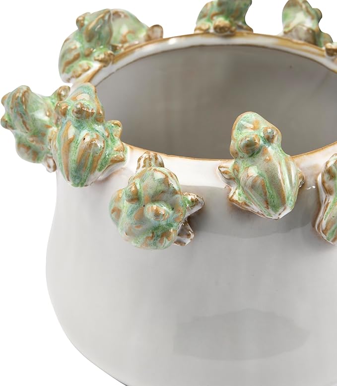 Creative Co-Op Stoneware Planter with Frog Figurine Rim, Multicolor