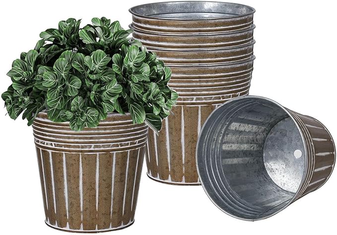 vensovo 5 Inches Brown Metal Rustic Flower Pots - 6 Pcs Small Galvanized Planters with Drainage Hole and Rubber Plug, Rustproof Tin Bucket Plant Pot Farmhouse Vintage Style for Decor