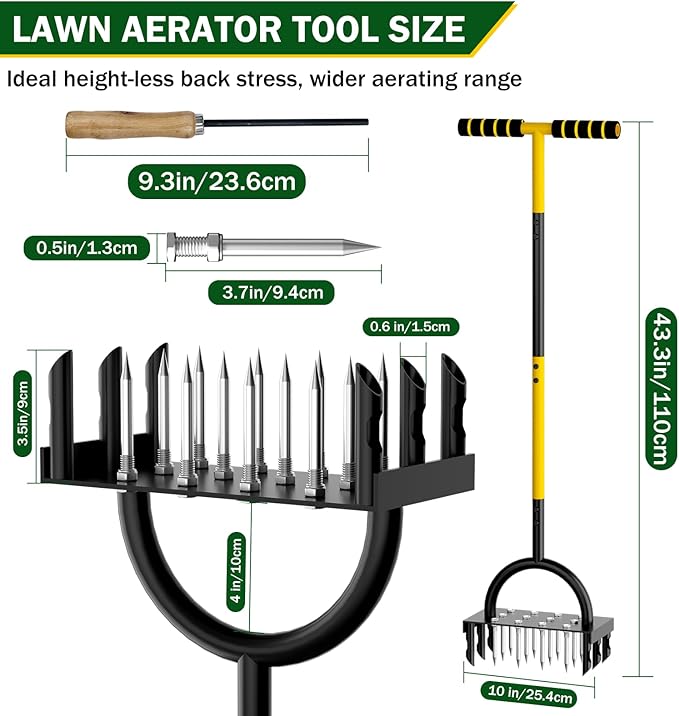 2-in-1 Lawn Aerator 43.3'',Aerator Lawn Tool with 18 Spikes,Manual Lawn Aerator Coring Tool,Yard Grass Plug Aerator for Lawn Aerating,Core Aerator with Cleaning Tool for Lawn Garden Care Compact Soil