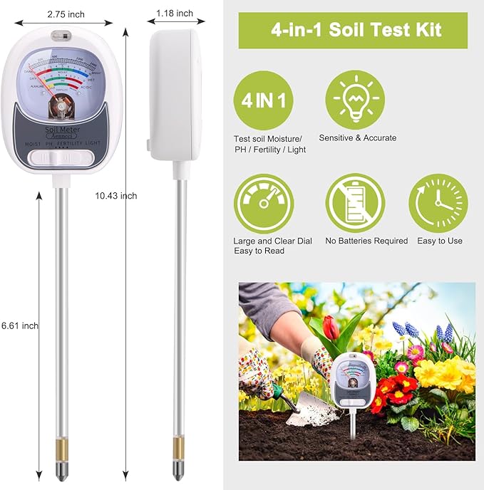 4-in-1 Soil Test Kit, Soil Moisture Meter for Fertility, Light, Moisture, PH, Soil pH Meter, Soil Tester, Moisture Meter for House Plants, Garden, Lawn, Farm, Indoor & Outdoor Use(White)
