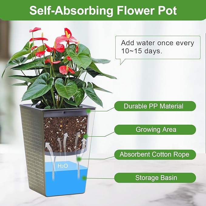 Self Watering Planter 4 Pieces 6 Inch, Plastic Flower Pots with Inner Pot Indoor Plants Brick Pattern Flowerpot for Indoor Plants, African Violets, Flowers, Herbs