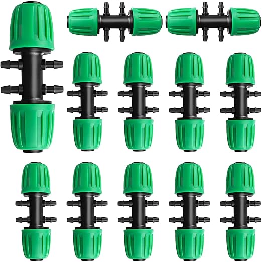 Barbed Tee 1/2 Inch to 1/4 Inch Irrigation Tubing: Locked Barbed Reducing Tee 6-Way Adapter Anti-Drop Irrigation Fittings for Splitting 1/2" to 1/4" Drip Line System Parts (12 Pack)