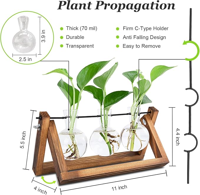 Plant Propagation Station, Plant Terrarium with Wooden Stand, Unique Gardening Birthday Gifts for Women Plant Lovers, Home Office Garden Decor Planter - 3 Bulb Glass Vases