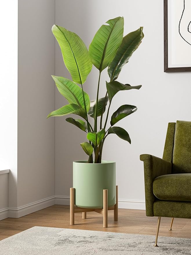 LE TAUCI 12 Inch Pots for Plants, Ceramic Large Plant Pot for Indoor Plants, Mid-Century Modern Planter Pot with Drainage Hole, Reactive Glaze Green