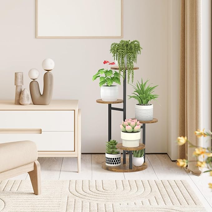 5 Tier Plant Stands Indoor Outdoor, Tiered Metal Wood Corner Plant Shelf for Multiple Plants, Tall Flower Stand Holder Display Rack for Living Room Balcony Garden Patio (Round)