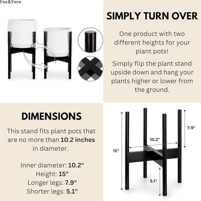 Fox & Fern Bamboo Plant Stand — 10 Inch Fixed Size Mid Century Plant Stand for Indoor Planters; Raised Flower Pot Holder for Indoors; Plug In Design; Two Height Options; Easy to Assemble - Dark Bamboo
