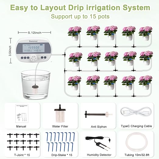 Automatic Drip Irrigation System Kit, 15 Potted Plants Indoor Automatic Watering System, Drip Irrigation System for Garden with Water Timer and LCD Display, Easy DIY Watering Device